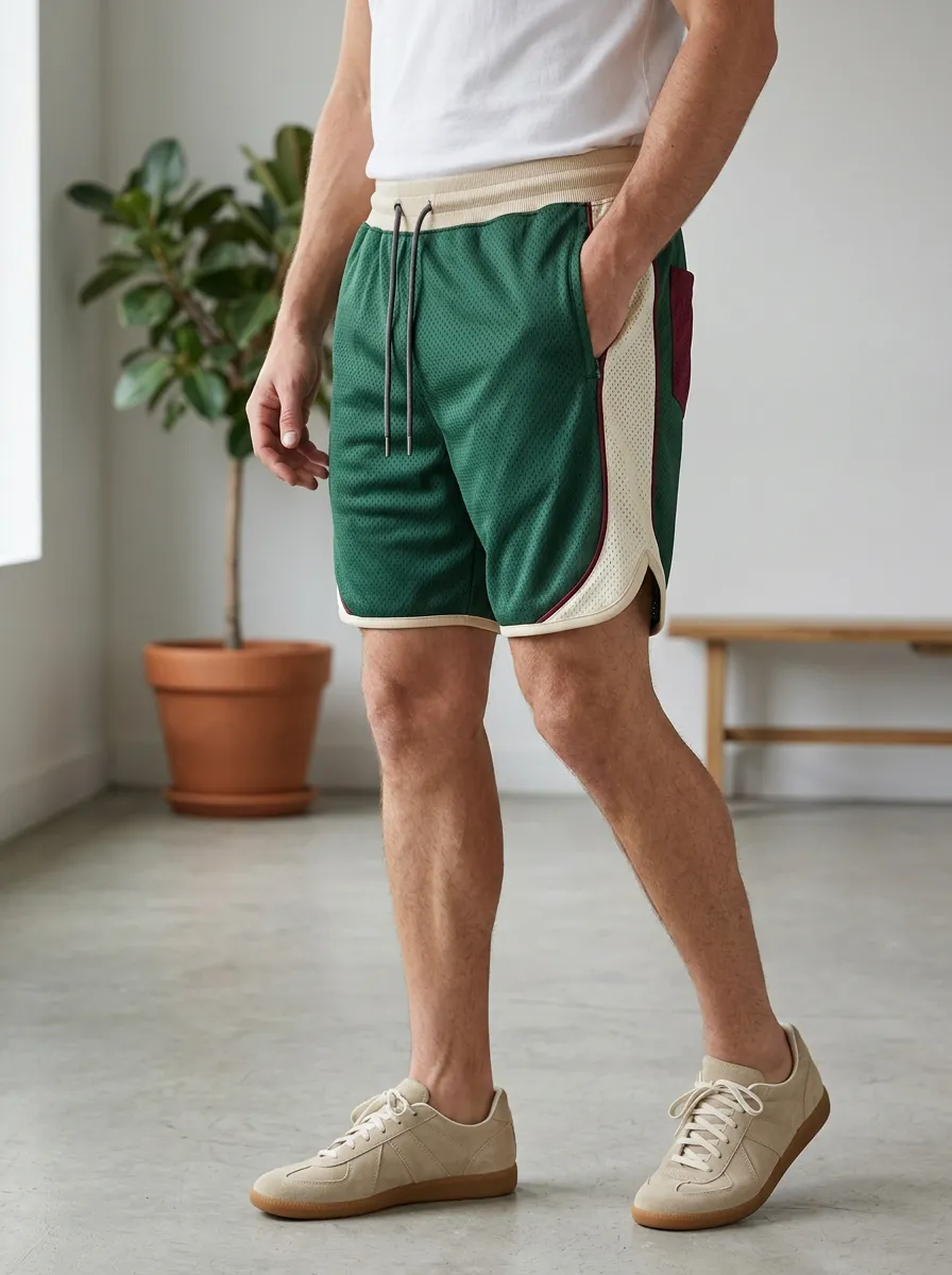 Men's Athletic Green Mesh Colorblock Drawstring Shorts