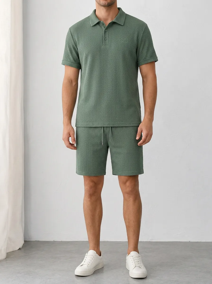Men's Casual Waffle Knit Solid Green Polo Shirt