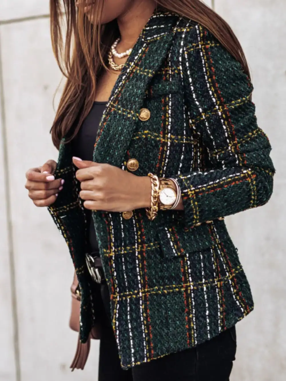 Double-Breasted Plaid Tweed Blazer