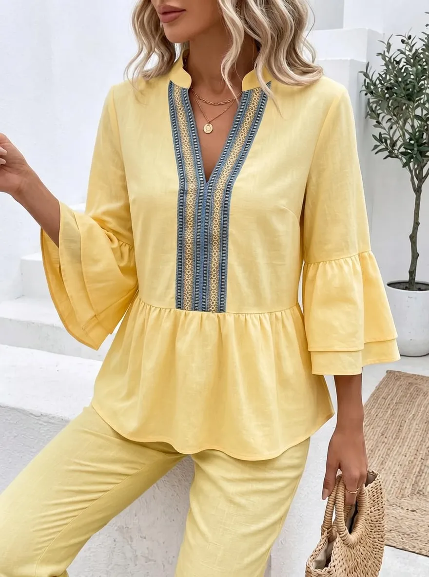 Boho Embroidered V-Neck Printed Peplum Top