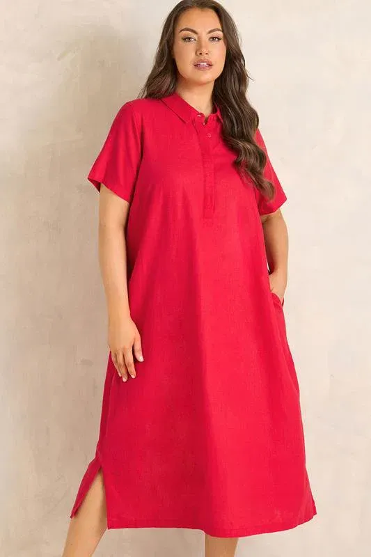 Red Premium Linen Shirt Dress