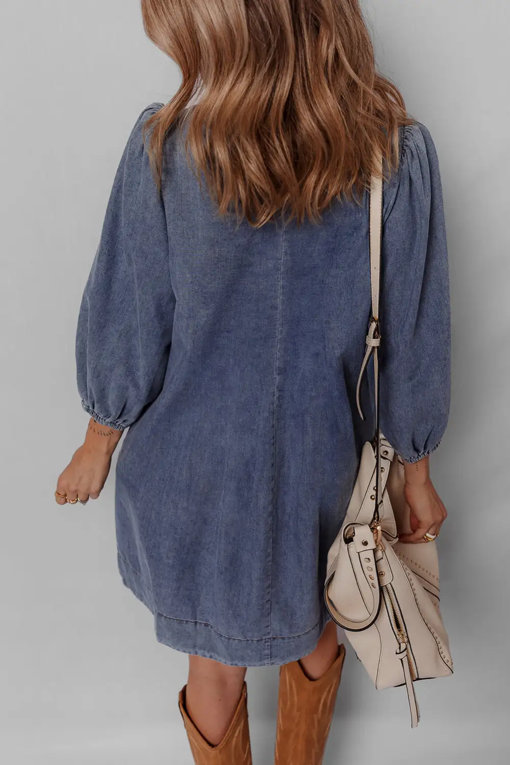 Denim Look Pleated Tie Detail Mini Dress