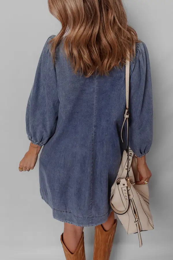 Denim Look Pleated Tie Detail Mini Dress