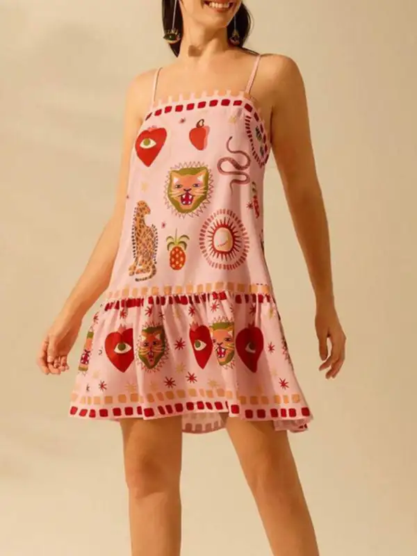 Textured Detail Printed Ruffle Mini Dress