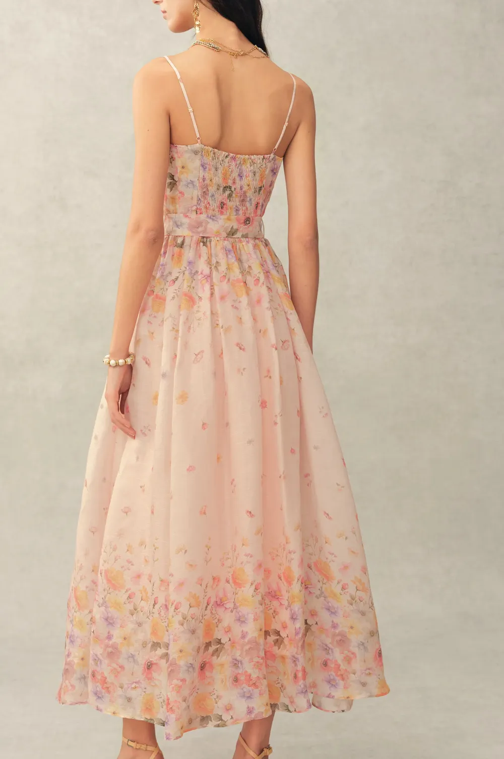 Strap Smocked Belted Hand-Painted Silk Linen Organza Maxi Dress
