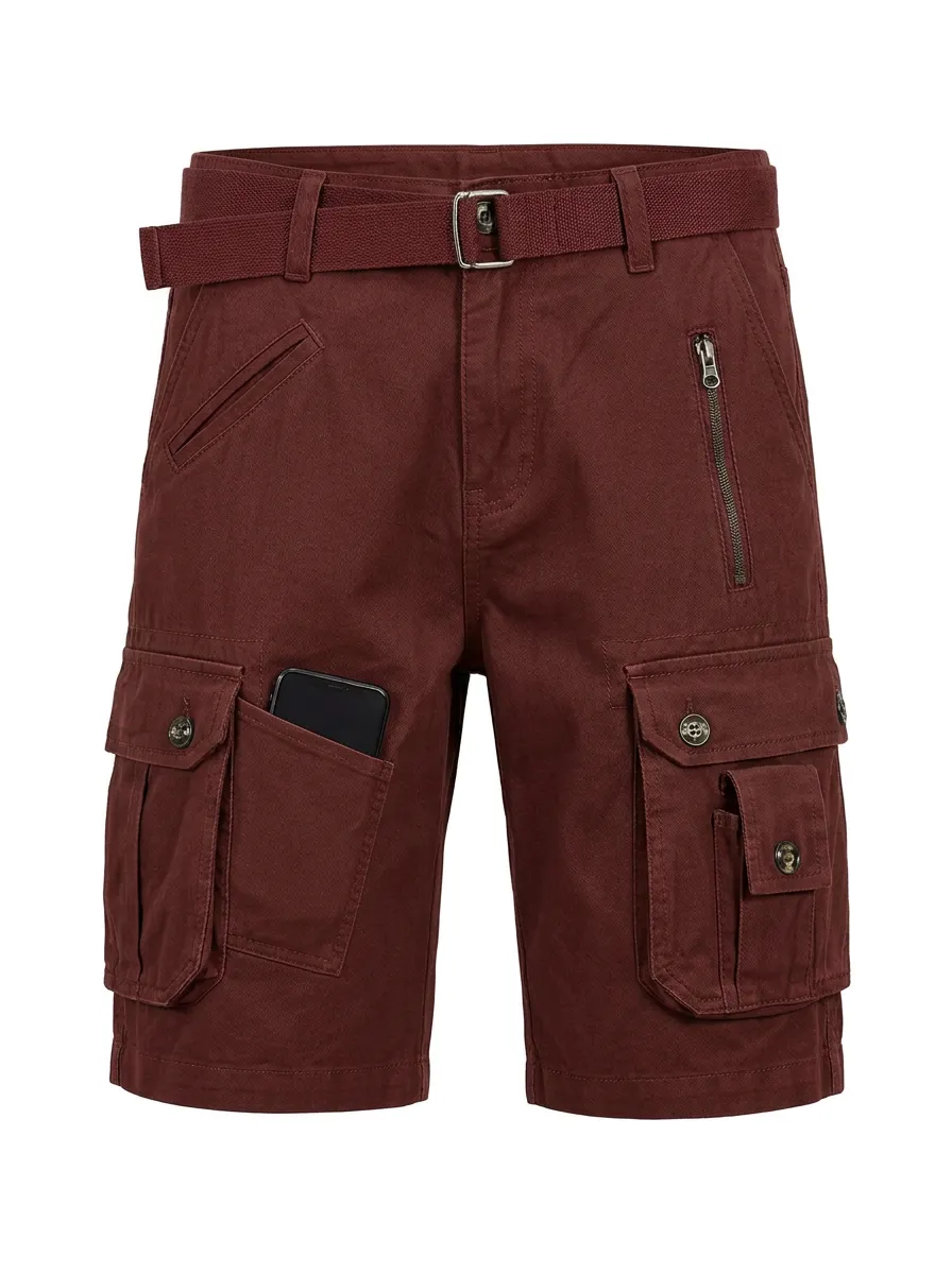 Men's Matching Web Belt Button-Flap Pockets Layered Utility Pocket Cargo Shorts