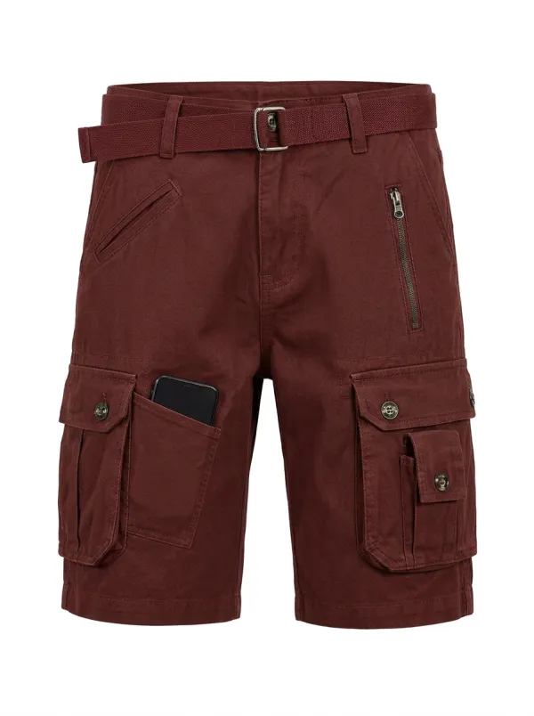Men's Matching Web Belt Button-Flap Pockets Layered Utility Pocket Cargo Shorts