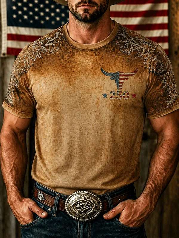 Men's Western Bull Skull USA Flag Vintage Wash T-Shirt