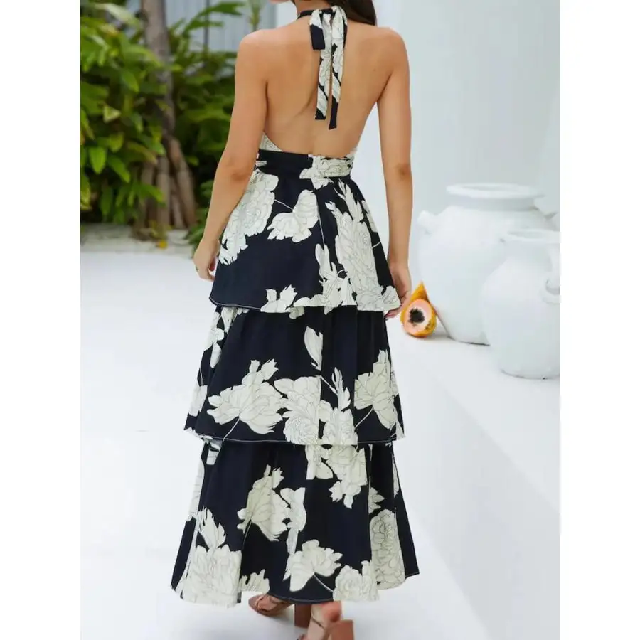 Printed Halter Neck Tiered Maxi Dress