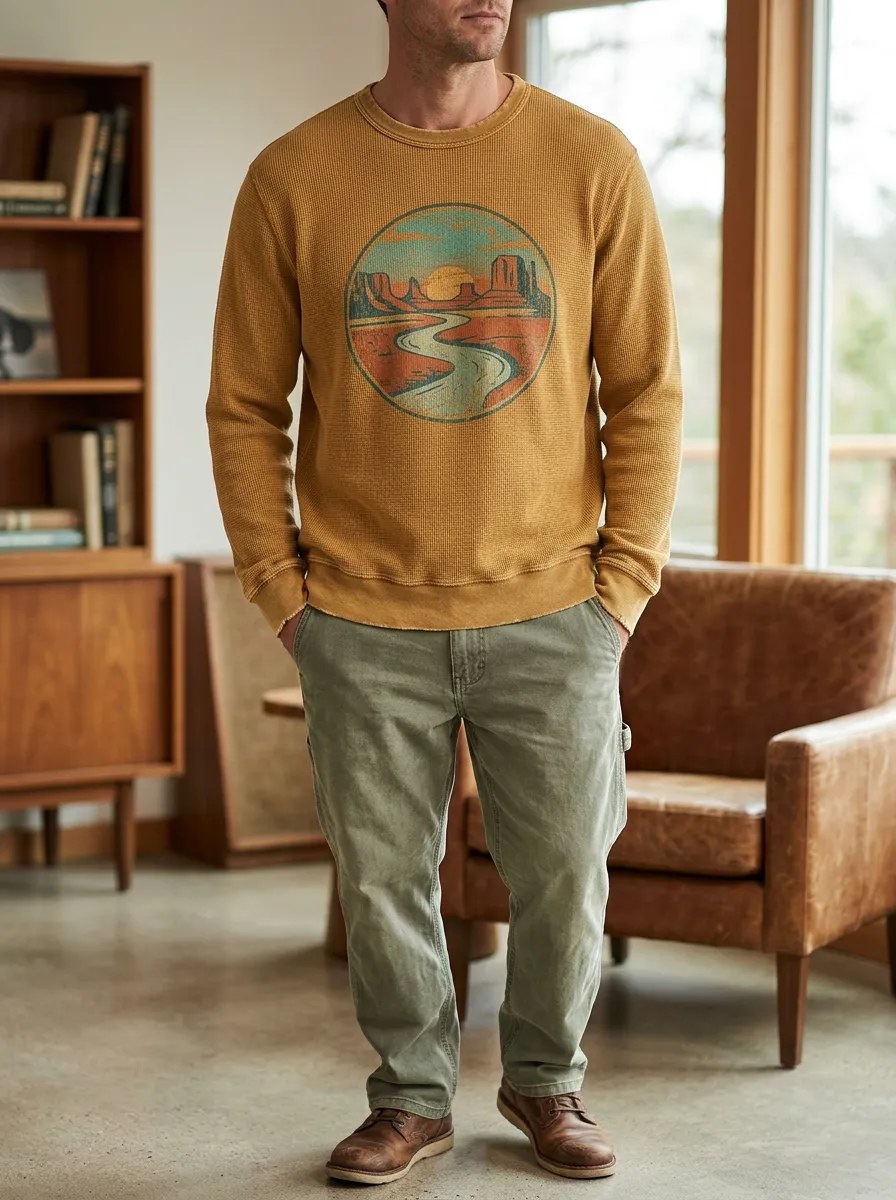 Men's Mustard Graphic Textured Waffle Knit Crewneck Sweatshirt