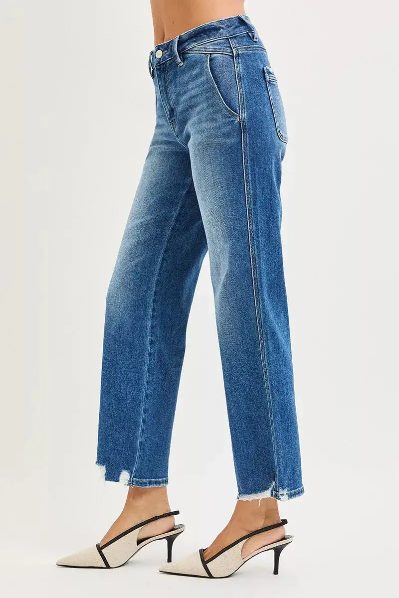 Sharp High Waist Straight Leg Distressed Denim Jeans