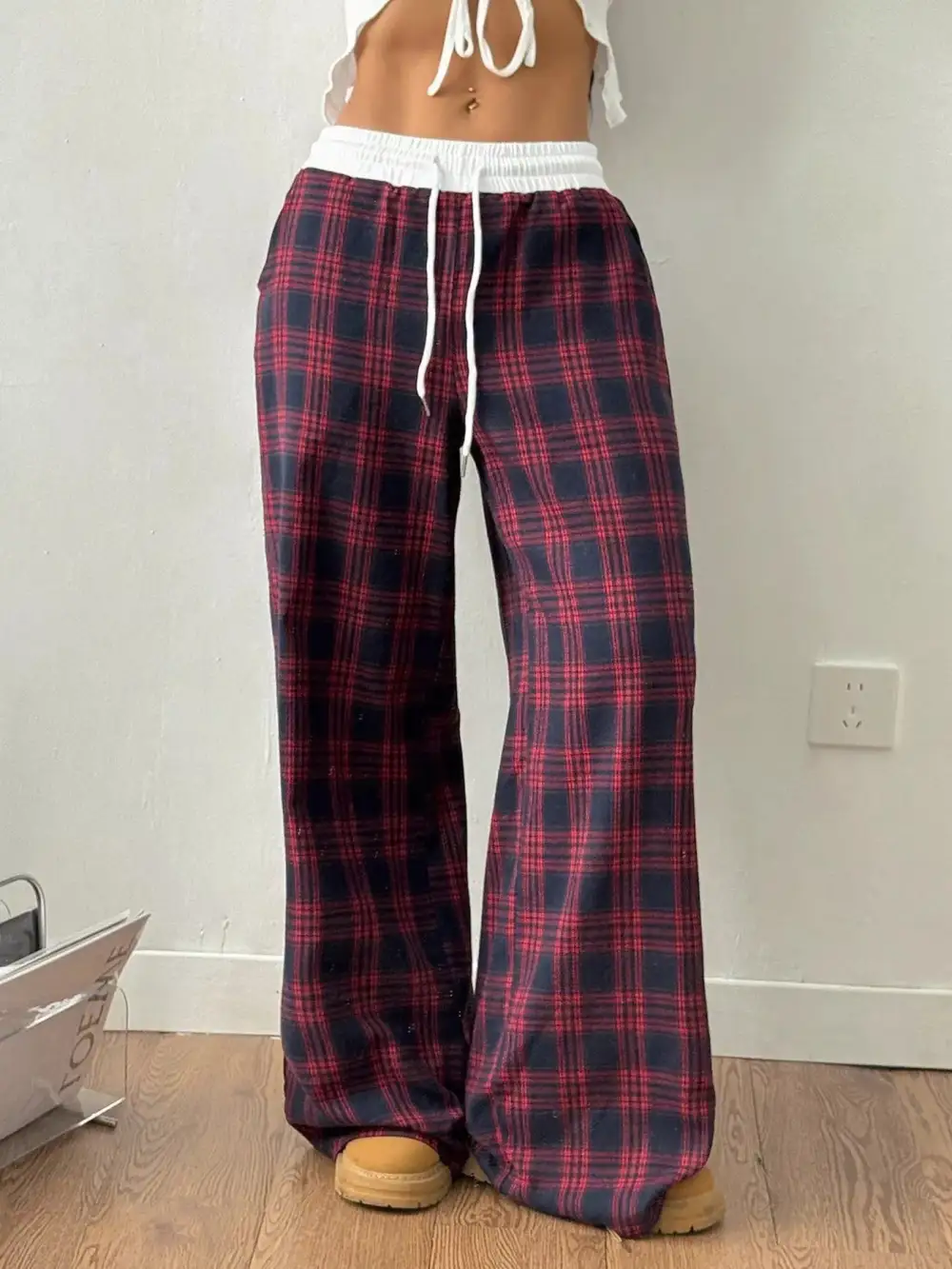 Plaid Wide Leg Pants With Elastic Waistband