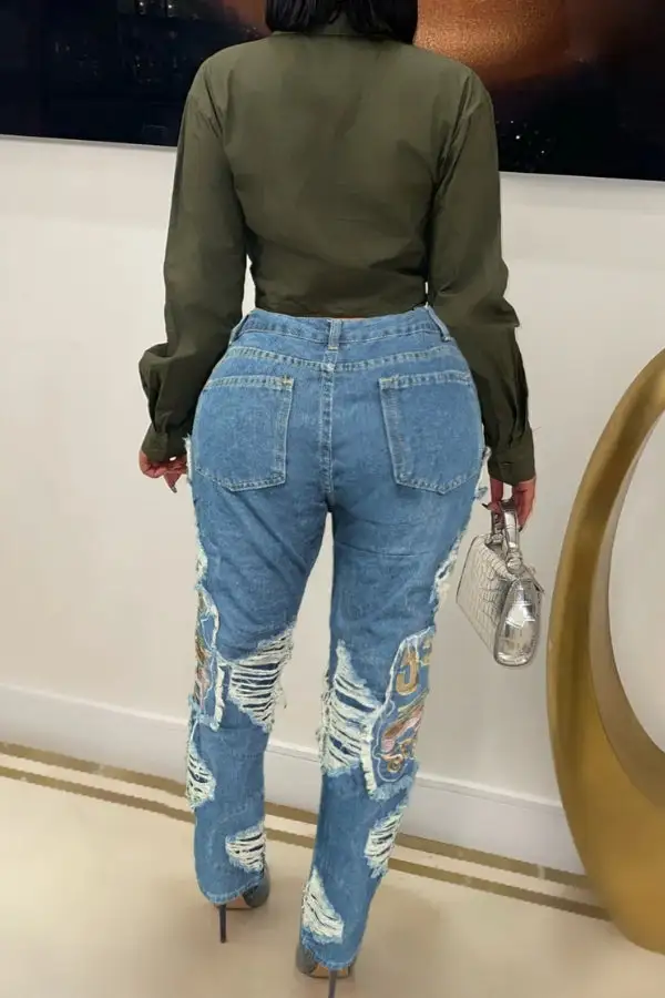 Frayed Ripped Embroidered Applique Straight Leg Jeans