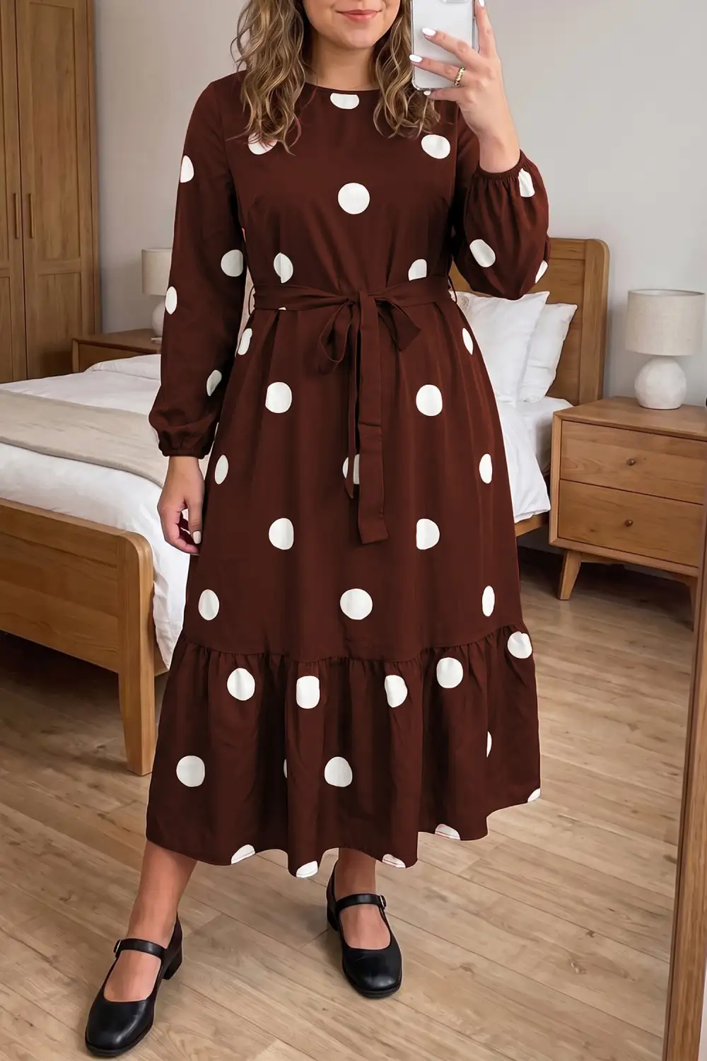 Women's Polka Dot Long Sleeve Tie Waist Ruffled Midi Dress
