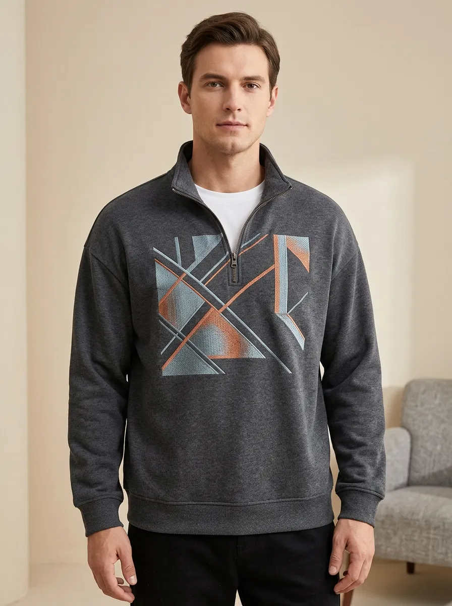 Casual Finish Half-Zip Geometric Abstract Men's Half-Zip Sweatshirt