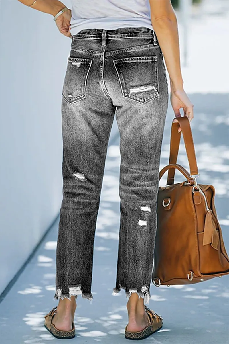 Ripped Raw Hem Zip Fly Jeans