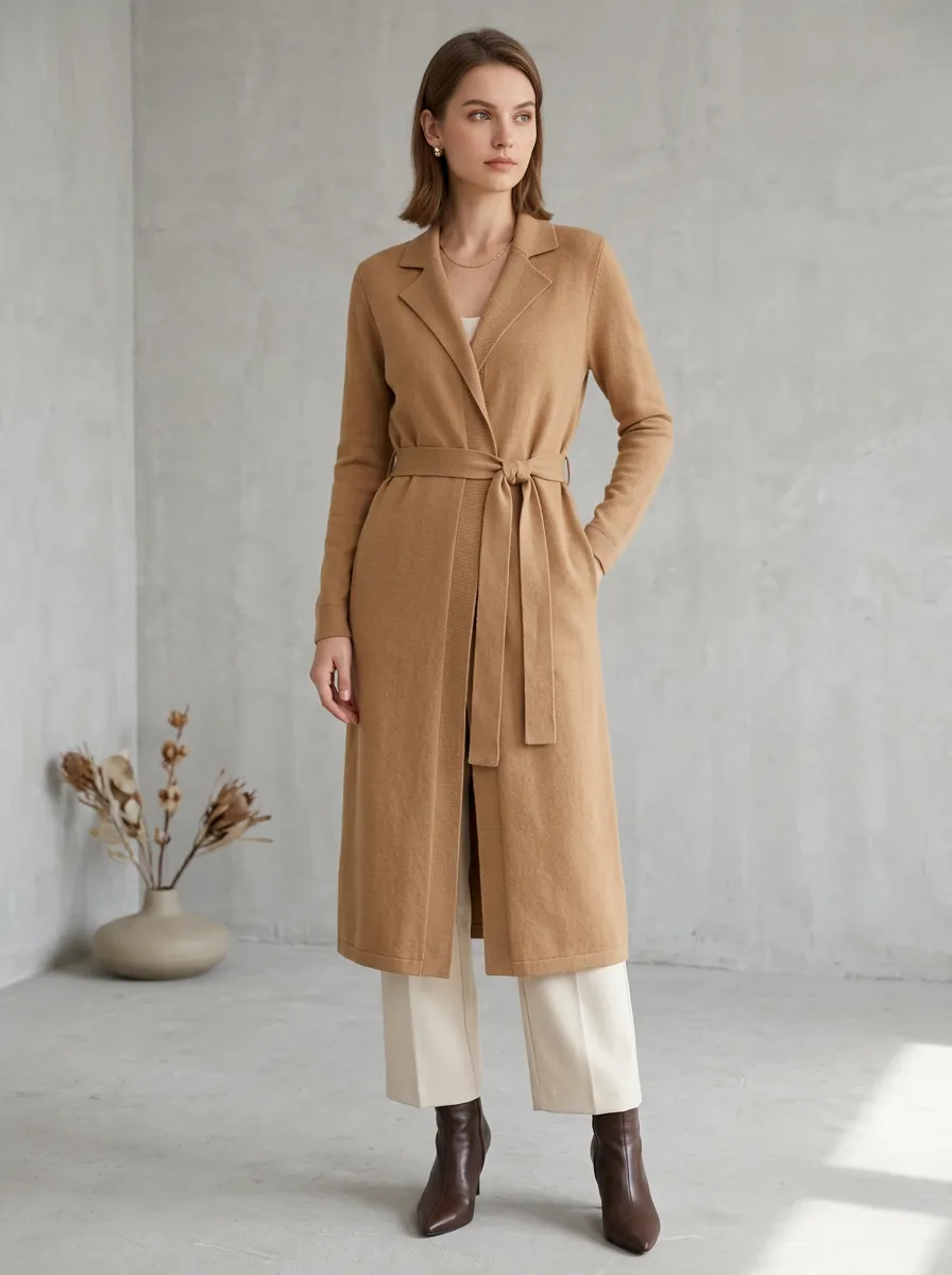 Women's Camel Longline Belted Knit Cardigan Top