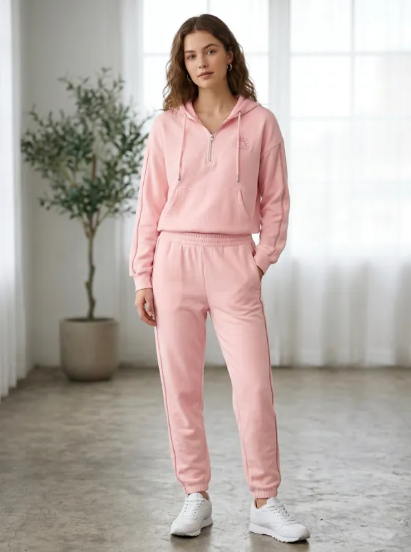 Women's Minimalist Boho Sun Printed Quarter-Zip Hoodie Jogger Set