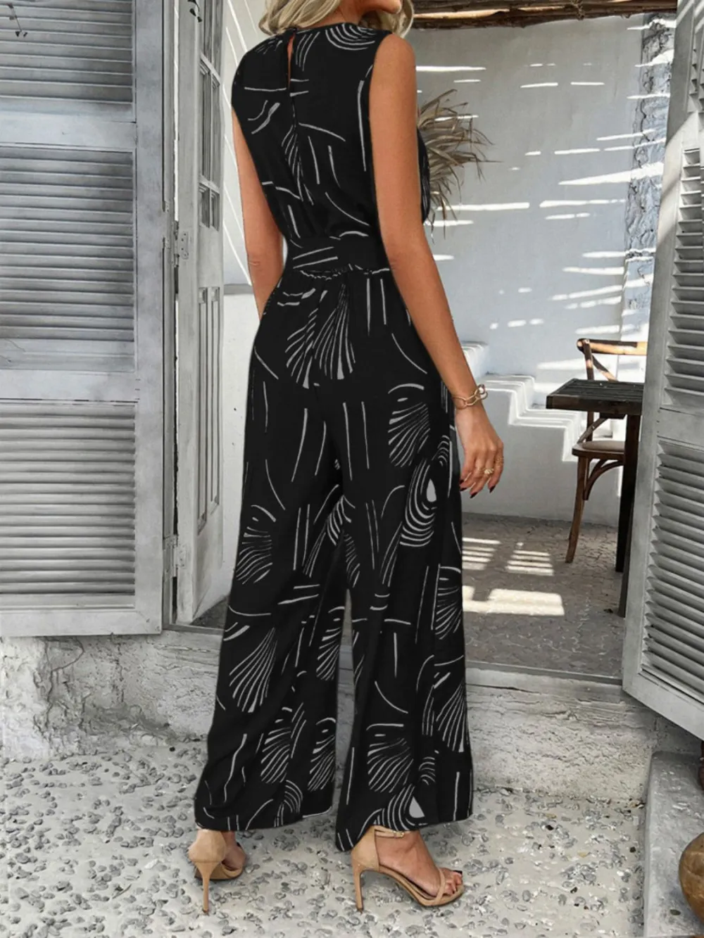 Devine Round Neck Sleeveless Tie Waist Jumpsuit