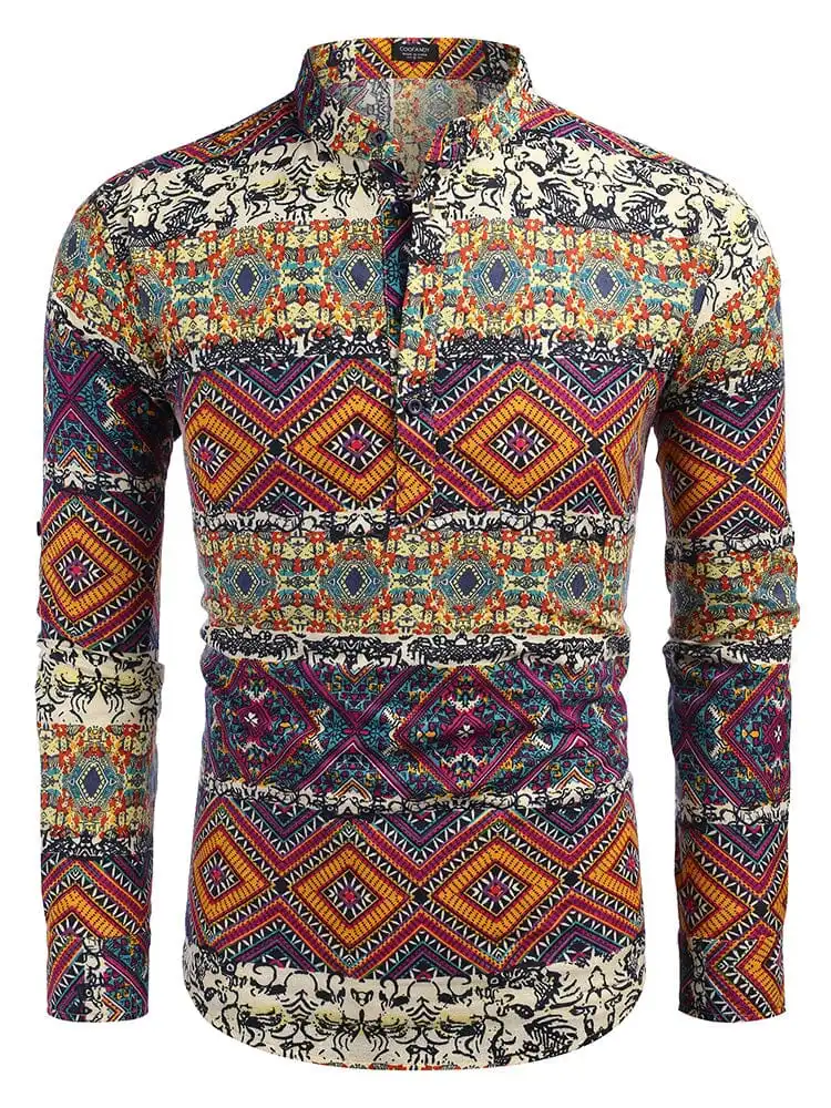 Cotton Linen Printed Henley Shirt