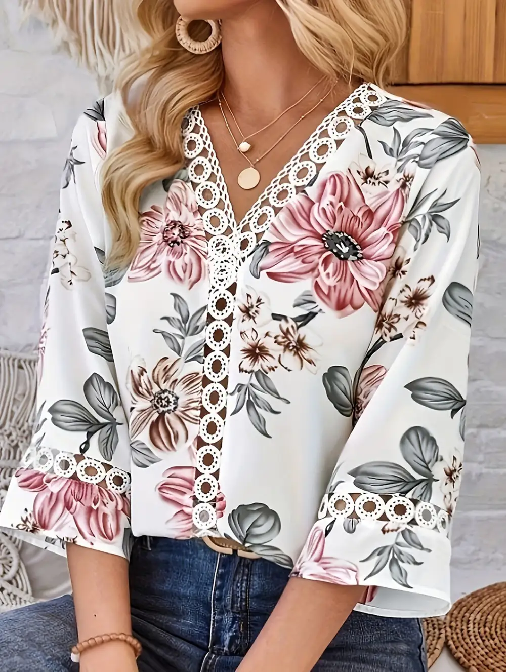 V-Neck Lace Flare Sleeve Top