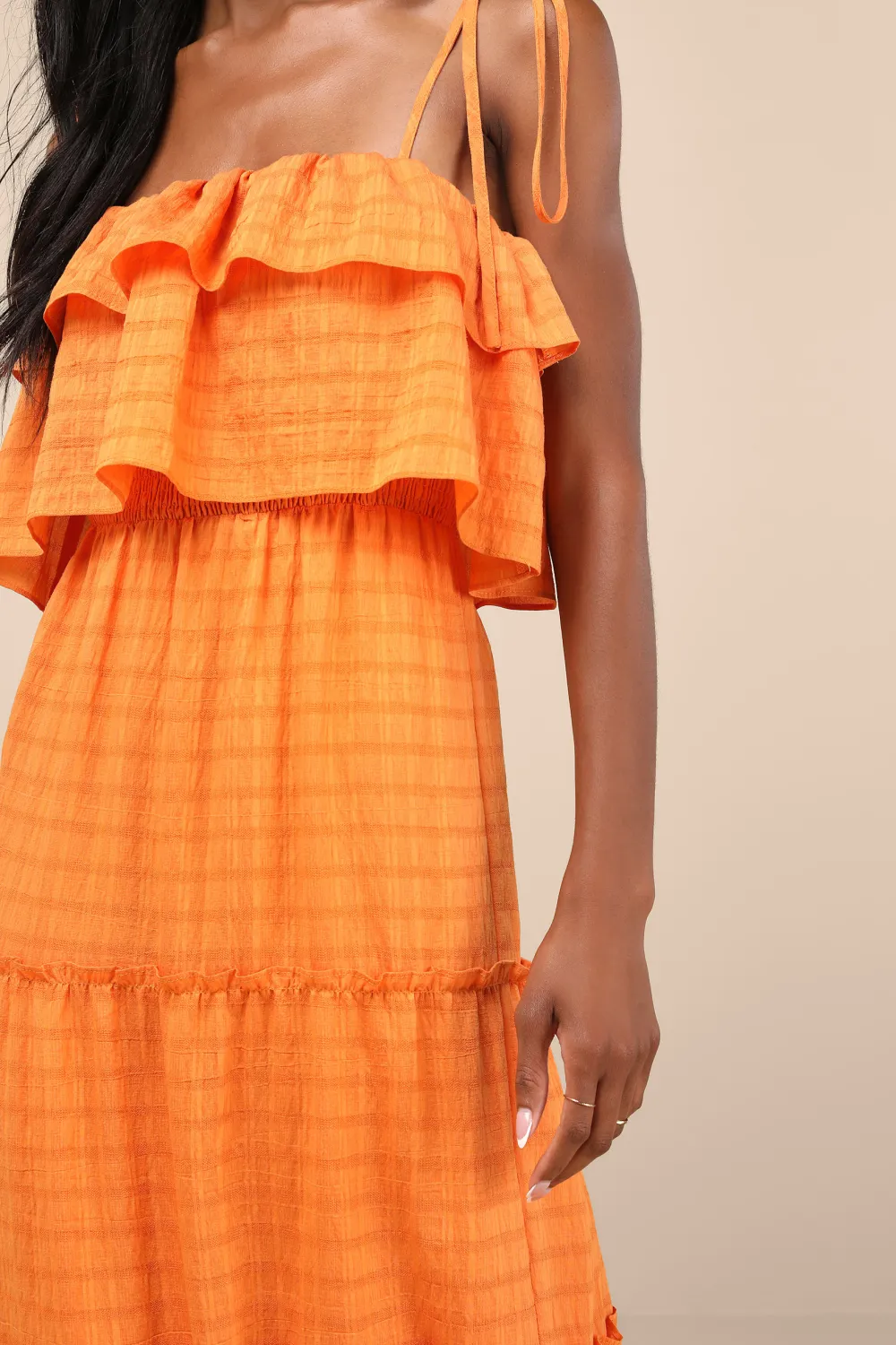 Casual Style Textured Tie-Strap Tiered Maxi Dress
