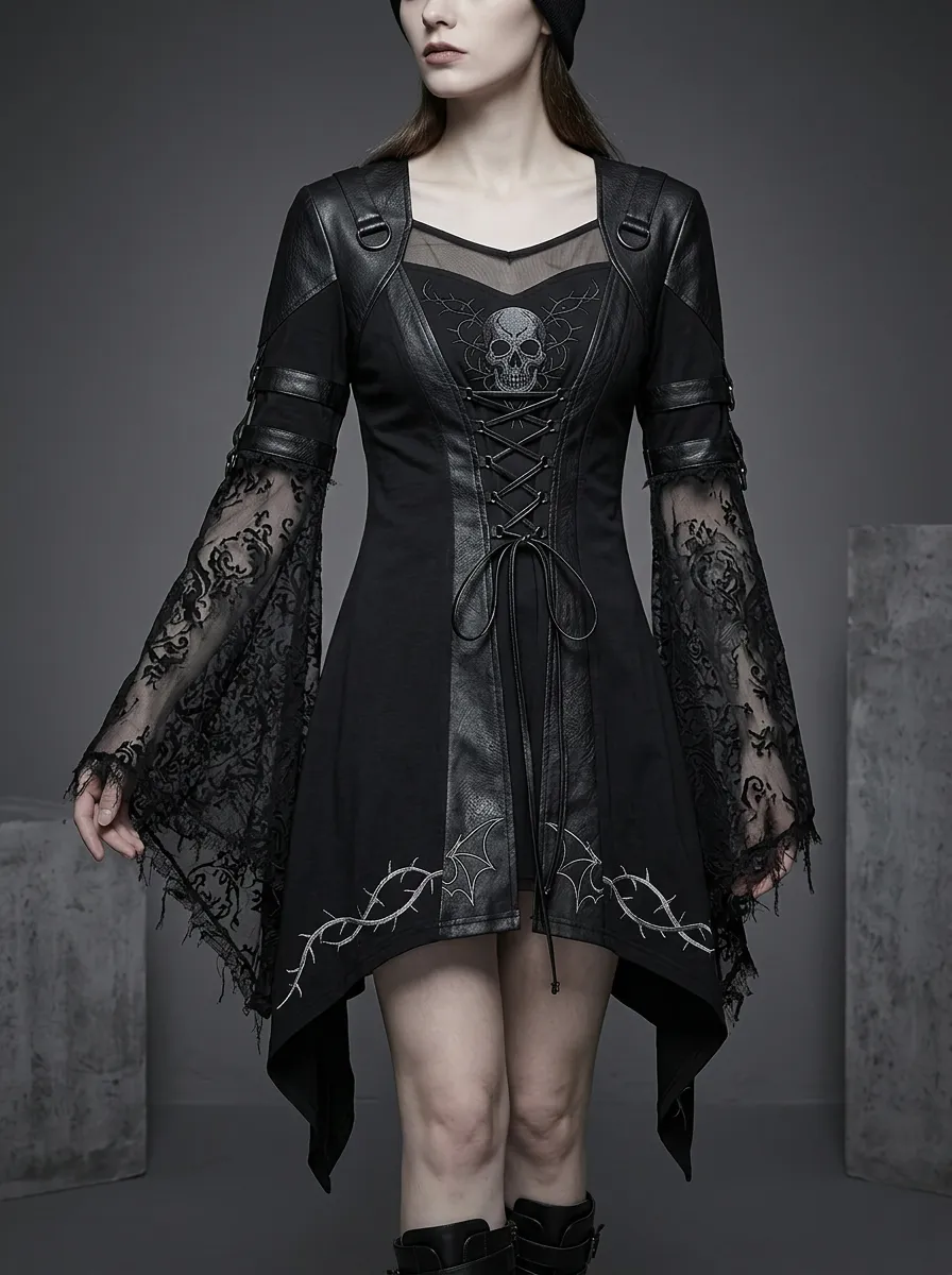 Women's Gothic Skull Lace Sleeve Embroidered Printed Top