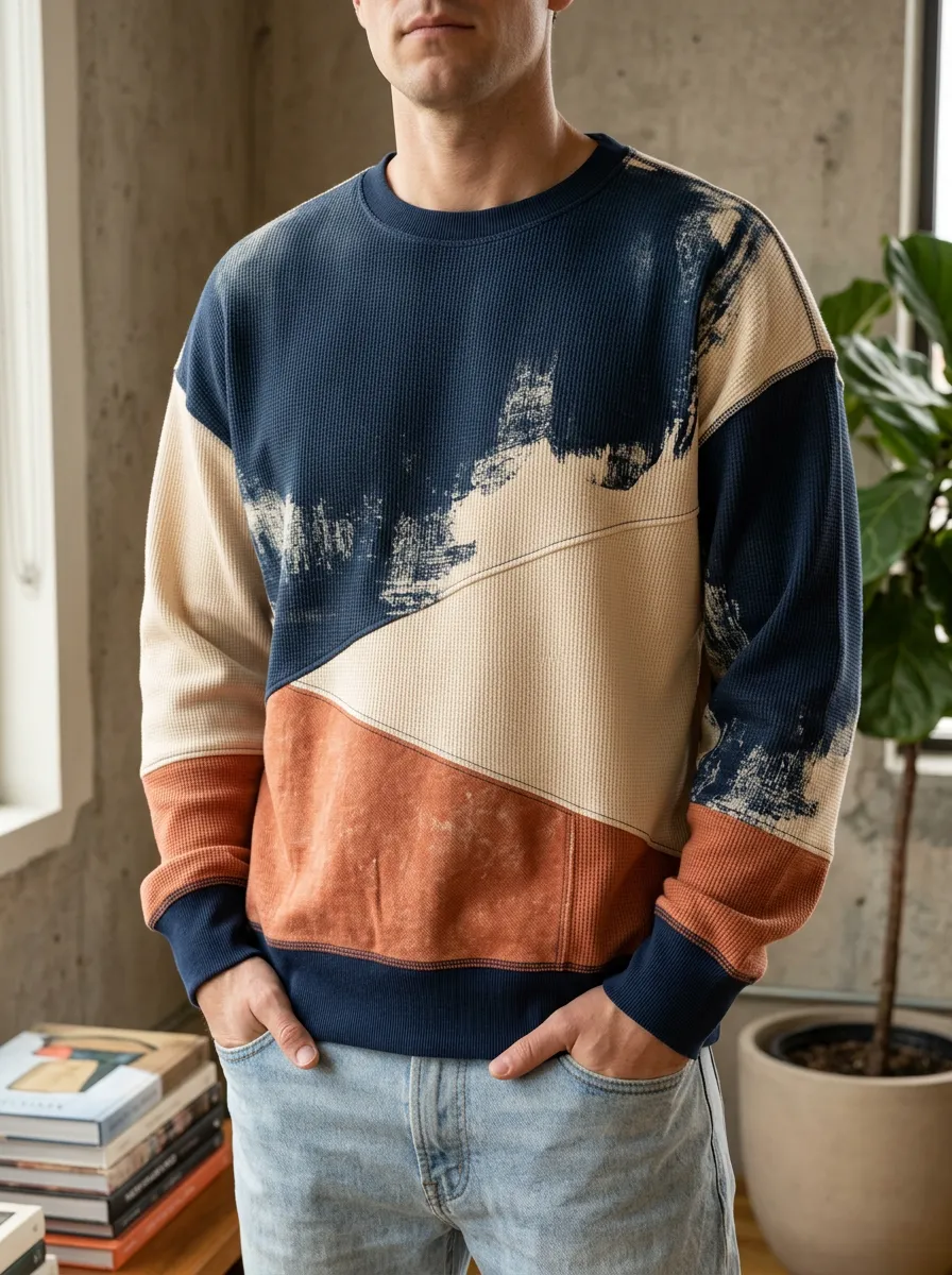 Men's Multi-Color Colorblock Printed Waffle Crewneck Sweatshirt