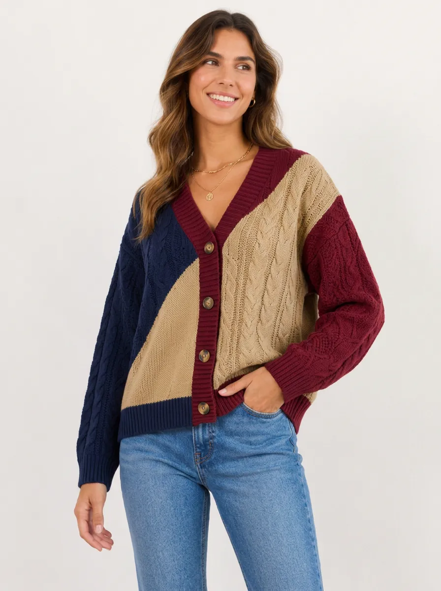 Women's Colorblock Cable Knit Cardigan Button-Front Relaxed-Fit