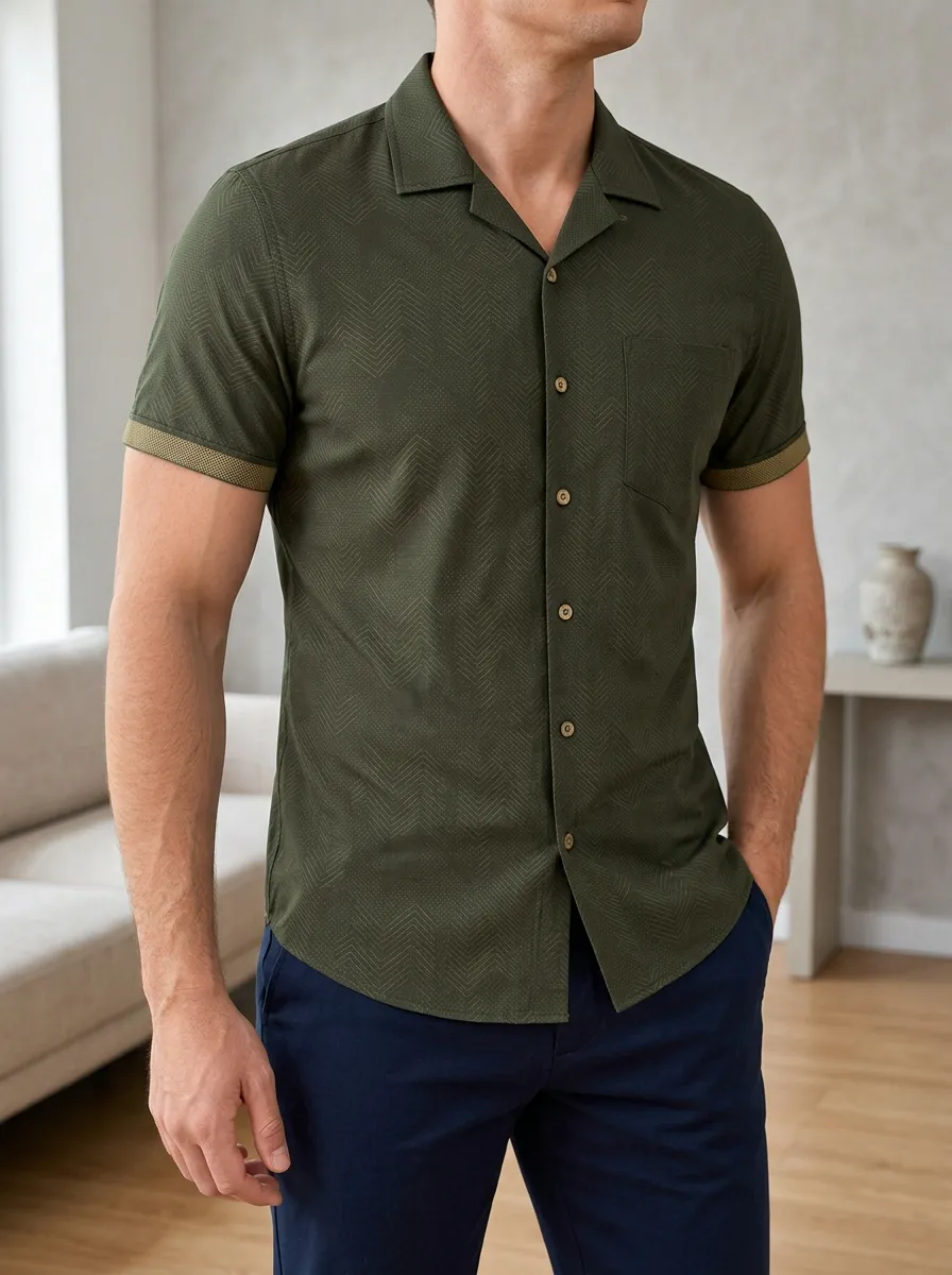 Men's Olive Green Chevron Pattern Slim Fit Printed Shirt