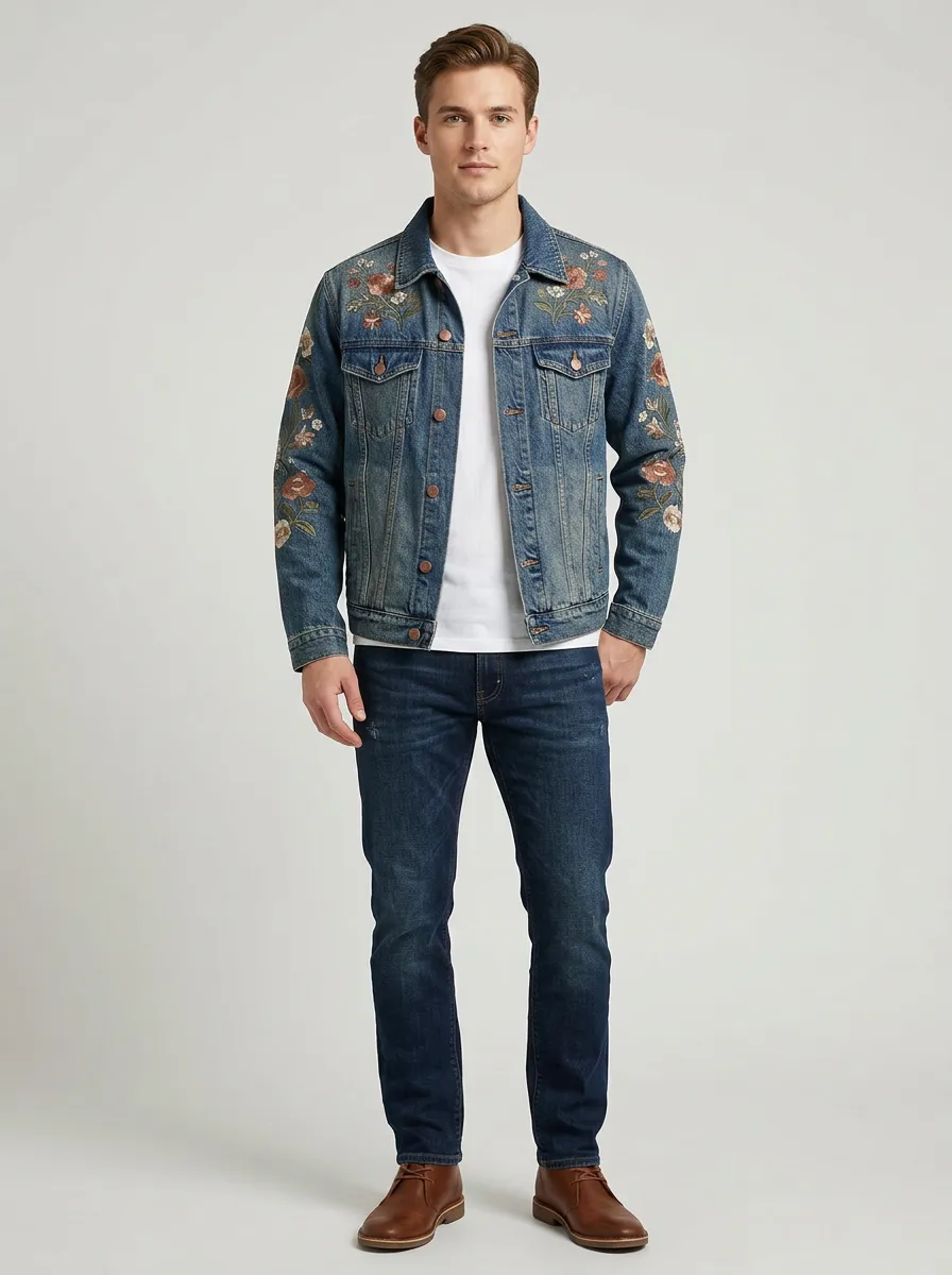 Men's Workshop Floral Vintage Inspired Denim Jacket