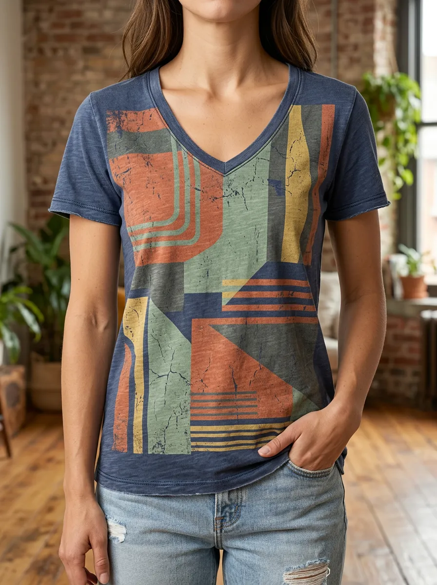 Women's Mod Retro Geometric Abstract V-Neck T-Shirt