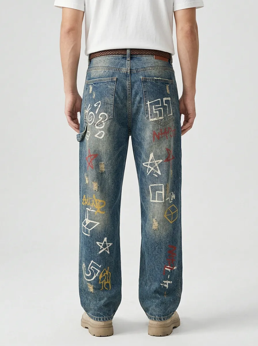 Unisex Streetwear Graffiti Star Distressed Jeans