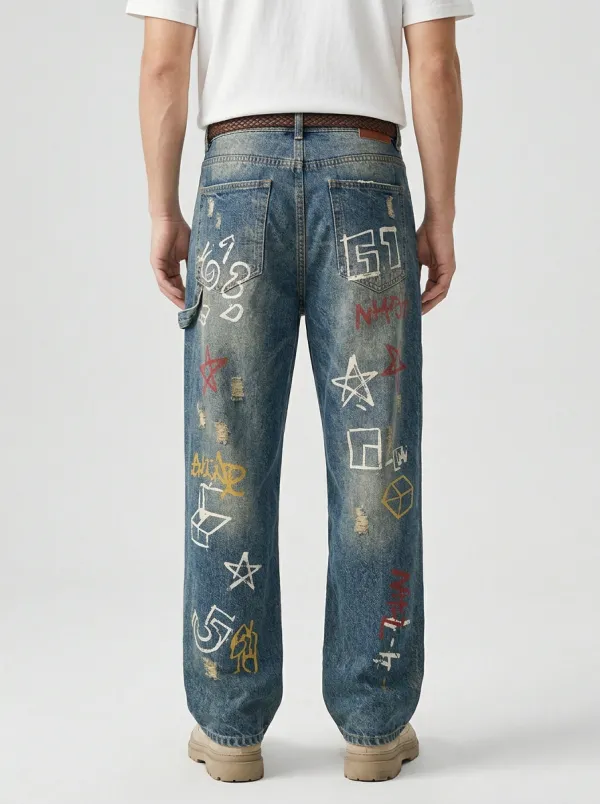 Unisex Streetwear Graffiti Star Distressed Jeans