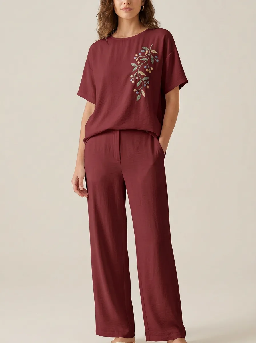 Women's Botanical Embroidered Short-Sleeve Top And Straight-Leg Trouser Two-Piece Set
