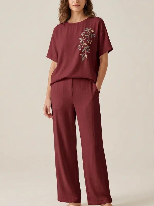 Women's Botanical Embroidered Short-Sleeve Top And Straight-Leg Trouser Two-Piece Set