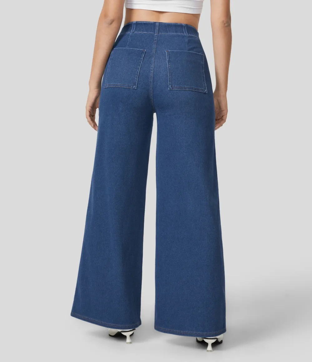 Magic High Waisted Button Multiple Pockets Washed Stretchy Knit Casual Wide Leg Full Length Jeans