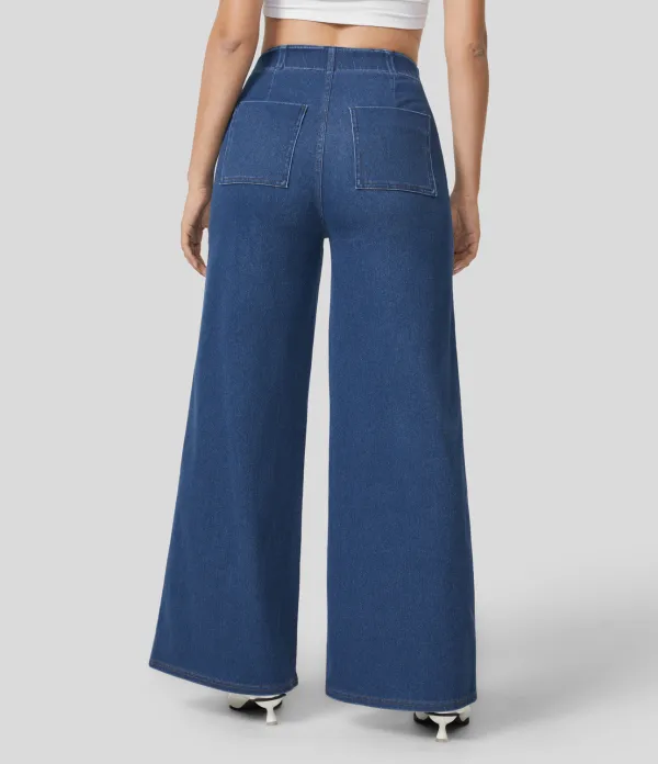 Magic High Waisted Button Multiple Pockets Washed Stretchy Knit Casual Wide Leg Full Length Jeans