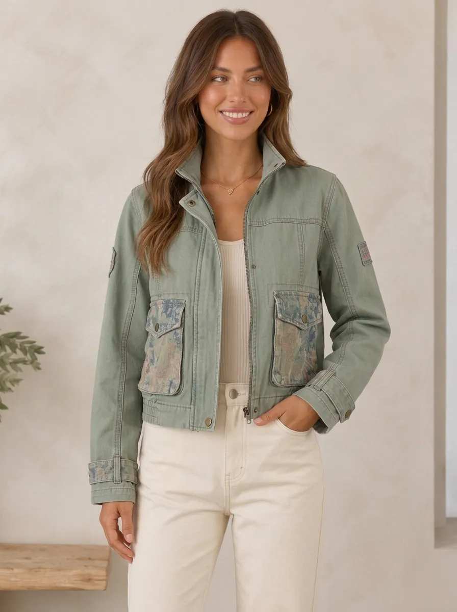 Women's Casual Utility Floral Patchwork Printed Jacket
