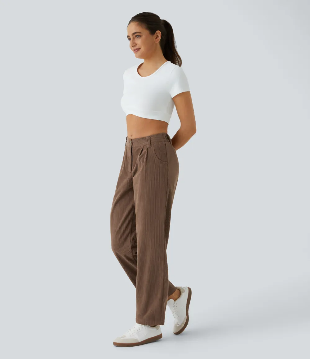 Mid Rise Button Zipper Side Pocket Corduroy Casual Pants