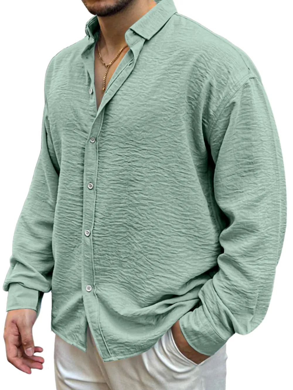 Garment Washed Camp Collar Pleated Front Shirt