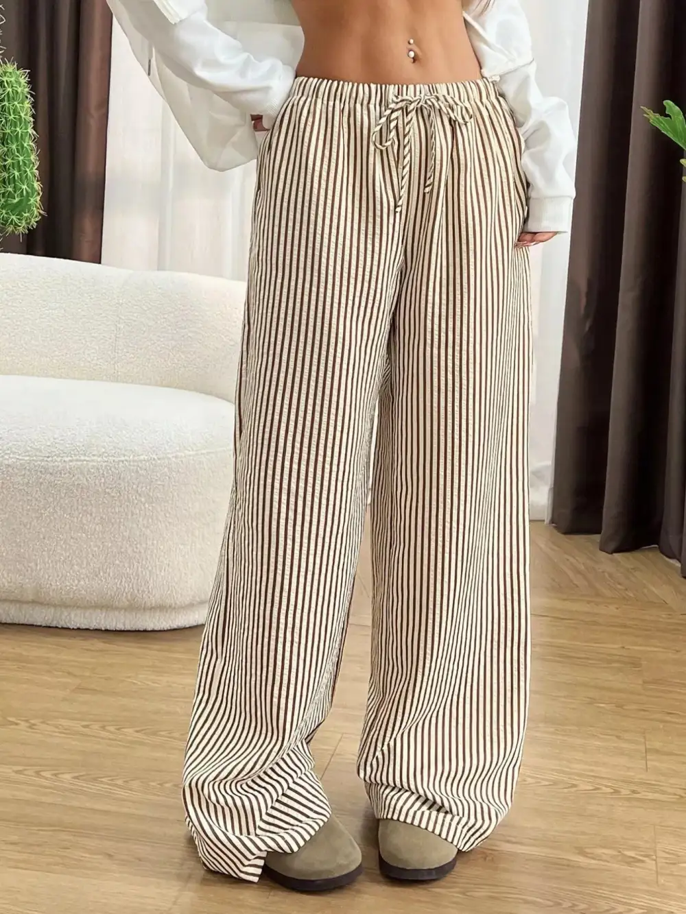 Wide Leg Drawstring Striped Pocketed Pants
