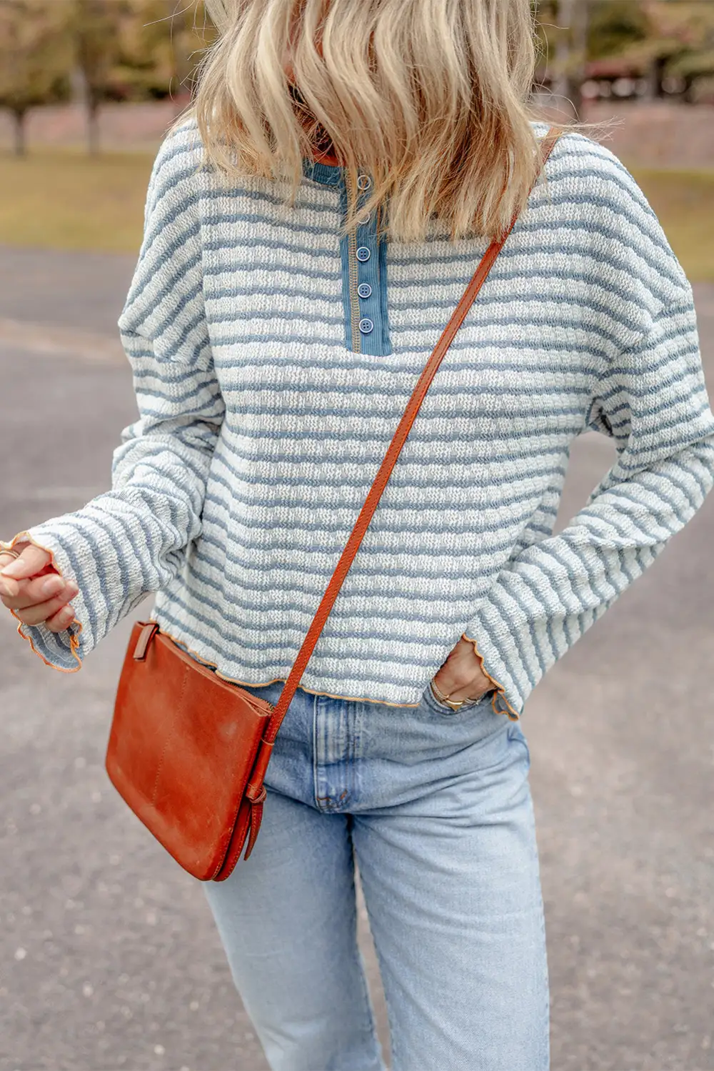 Women's Striped Textured Henley Neck Top