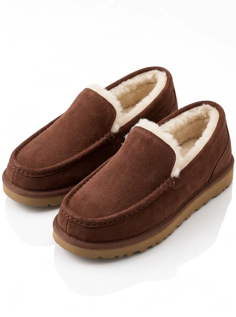 Brown Faux Fur Lined Suede Look Slippers with a Comfortable Shape