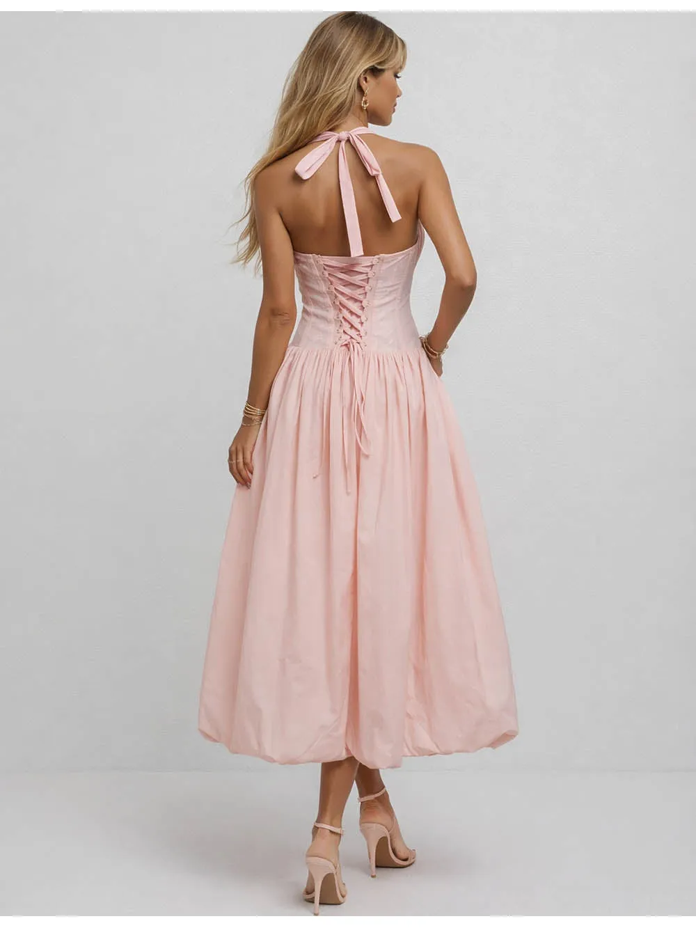 Halter Square Neck Ruched Strap Split Midi Dress