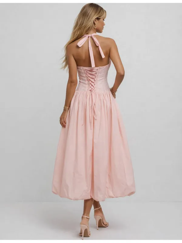 Halter Square Neck Ruched Strap Split Midi Dress