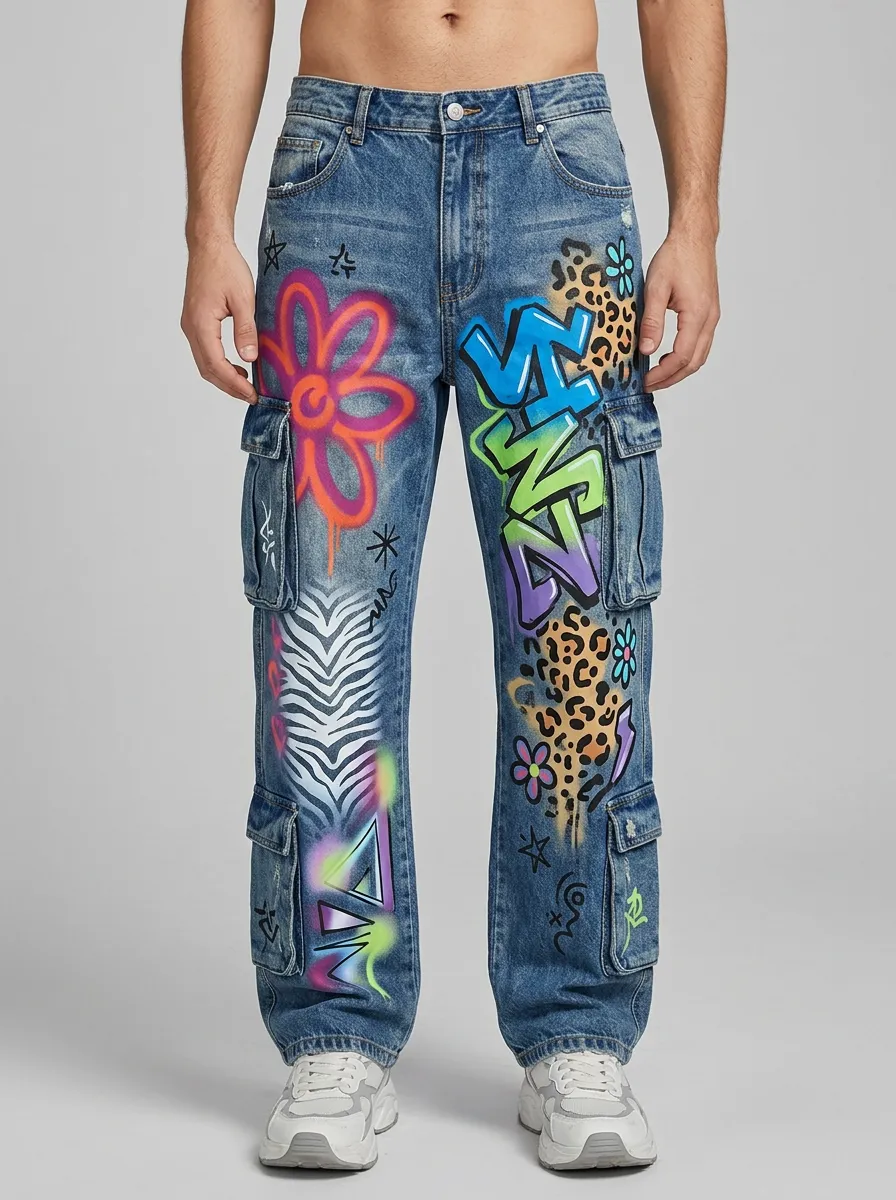 Men's Streetwear Graffiti Animal Print Graphic Cargo Jeans