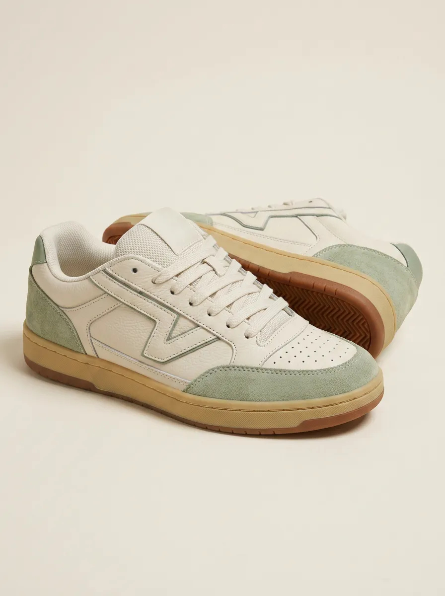 Women's Casual Sage Green Suede Paneled Leather Sneakers