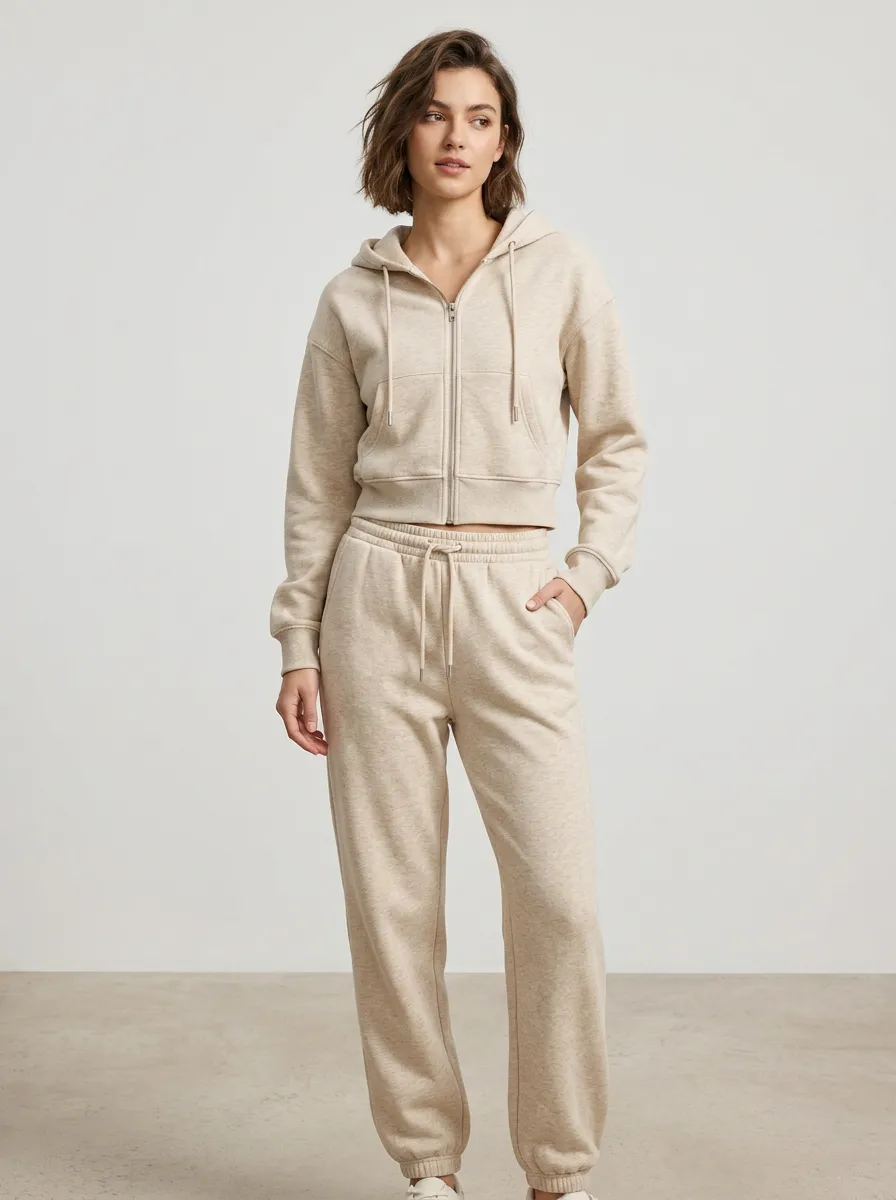 Women's Beige Heather Zip-Up Hoodie and Jogger Set