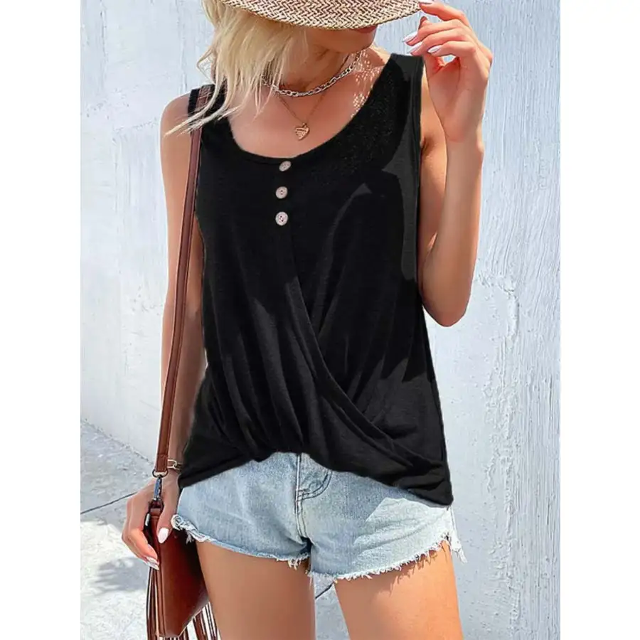 Full Size Decorative Button Round Neck Tank
